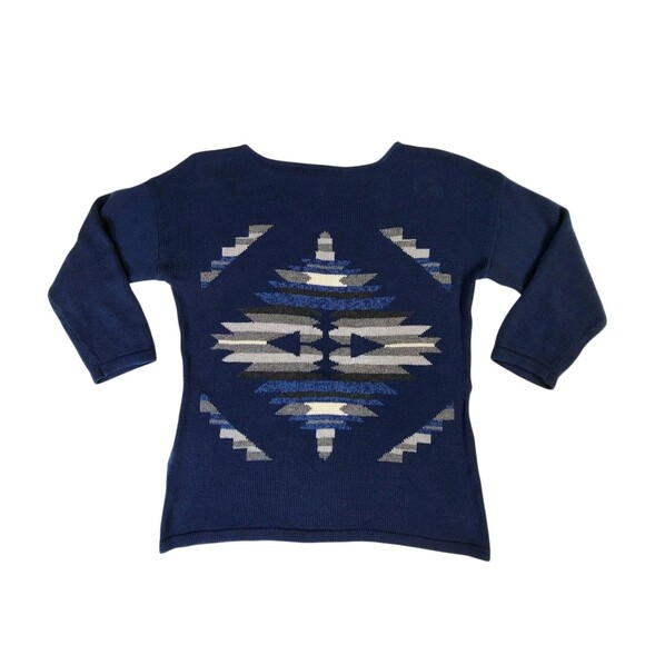 Chaps Denim Women's Sweater Top Shirt Medium Southwestern Aztec Boho Navy Blue - Picture 1 of 7